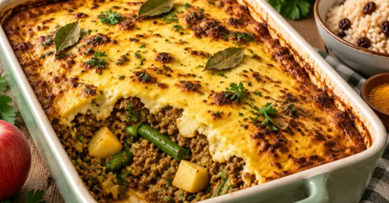 Bobotie met gehakt en sperziebonen in een ovenschaal