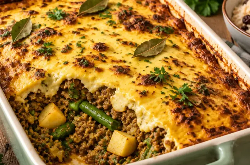 Bobotie met gehakt en sperziebonen