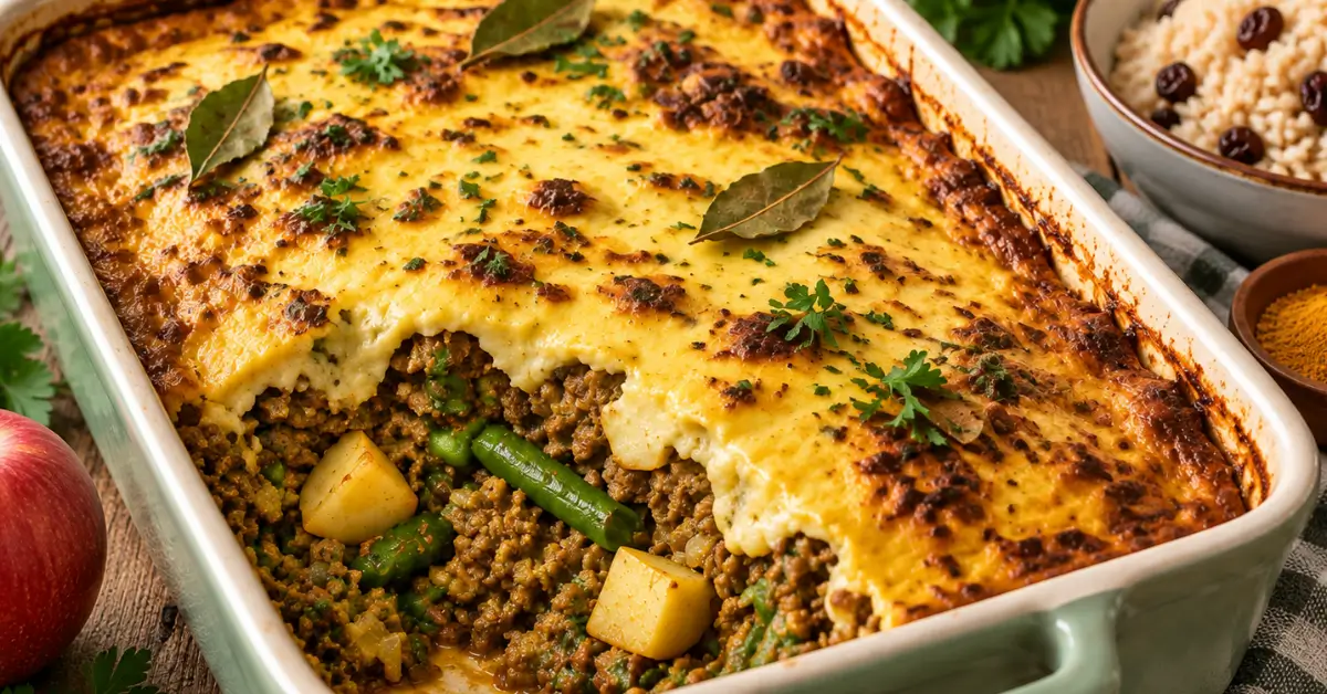 Bobotie met gehakt en sperziebonen in een ovenschaal