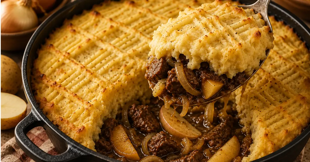 OMA'S JACHTSCHOTEL UIT DE HAPJESPAN met rundvlees, aardappelpuree en appel