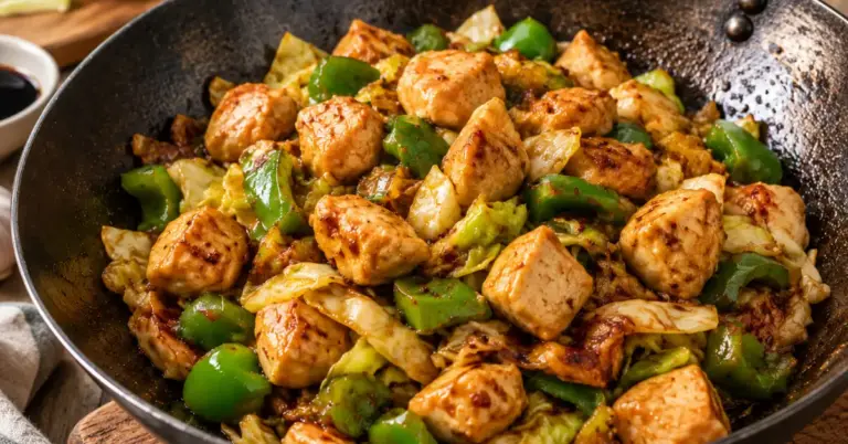 Spitskool met kip, ketjap en sambal in een wokpan