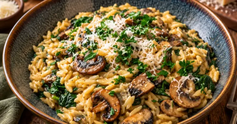 Romige orzo met champignons, spinazie en Parmezaanse kaas in een pan