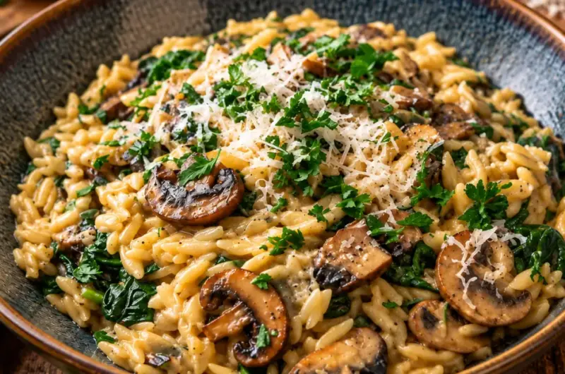 Romige orzo met champignons, spinazie en kaas