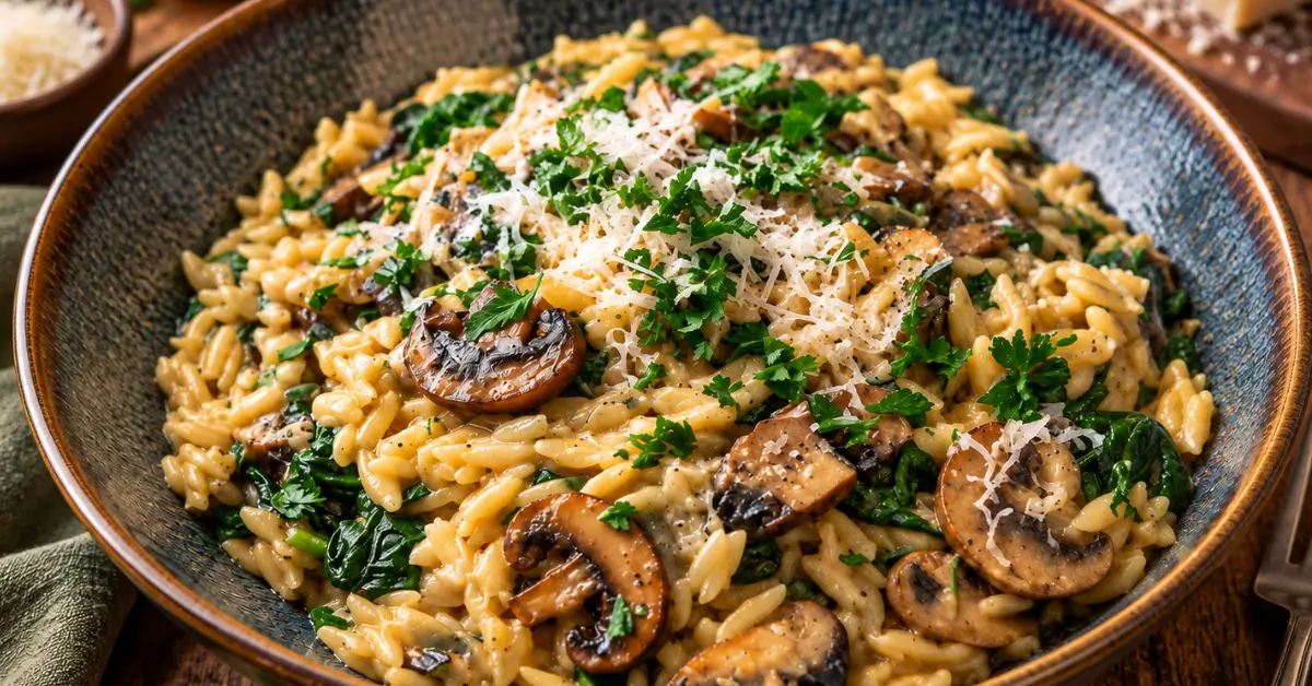 Romige orzo met champignons, spinazie en Parmezaanse kaas in een pan