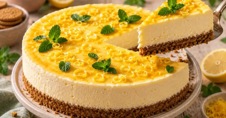 No-bake limoncello cheesecake met citroenglaze en verse munt op een taartschaal