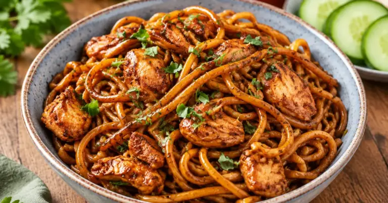 Surinaamse bami met kip in een hapjespan met ketjapsaus en bladselderij