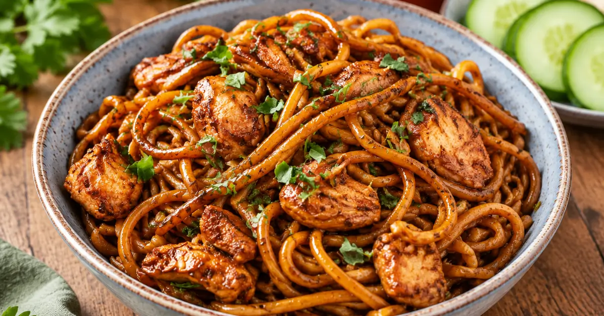 Surinaamse bami met kip in een hapjespan met ketjapsaus en bladselderij