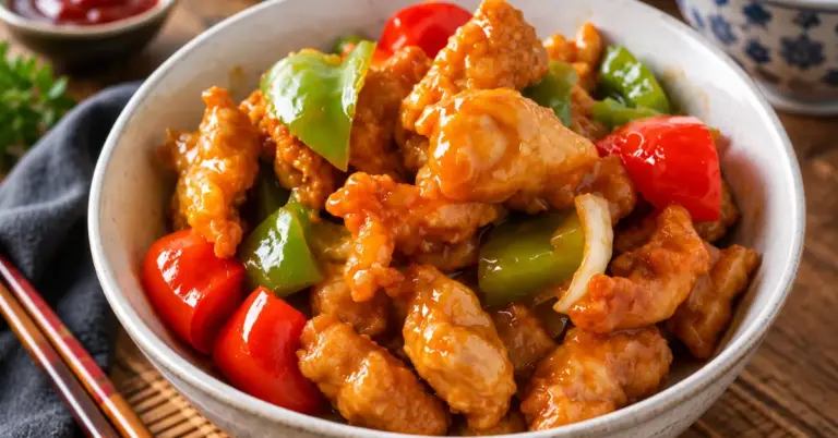 Koe lo kai met krokante kip in zoet-zure saus met paprika en ui op een bord