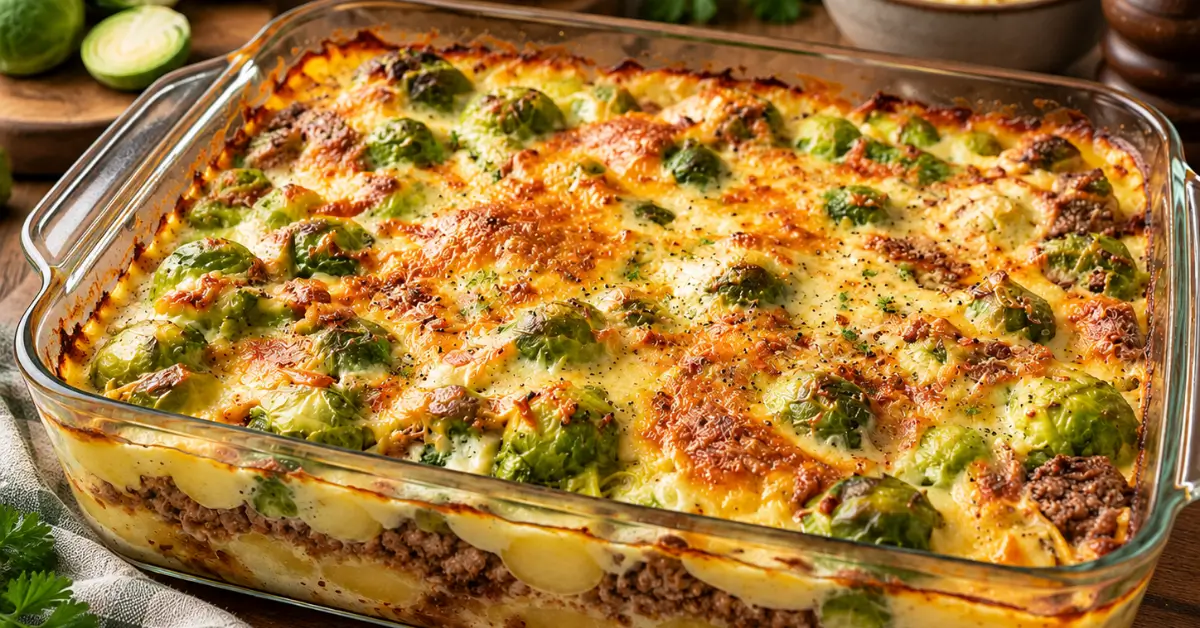 Spruitjesovenschotel met gehakt, aardappelschijfjes en gesmolten kaas in een ovenschaal