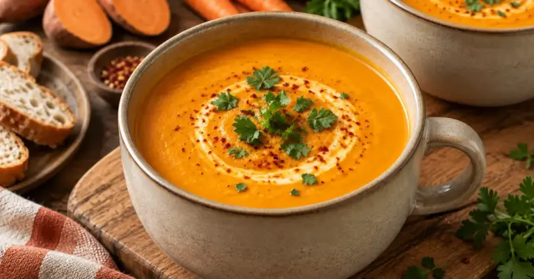 Kom zoete aardappel-wortelsoep met een scheut kookroom en verse peper