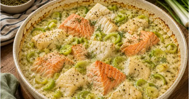 ROMIG VISPANNETJE MET ZALM EN KABELJAUW UIT DE OVEN in een ovenschaal