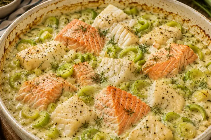 Romig vispannetje met zalm en kabeljauw uit de oven