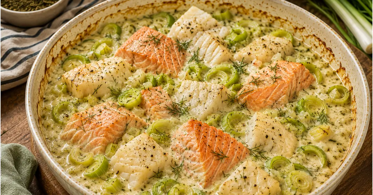 ROMIG VISPANNETJE MET ZALM EN KABELJAUW UIT DE OVEN in een ovenschaal