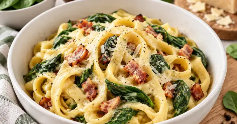 Pasta carbonara met spinazie en parmezaanschilfers in een kom