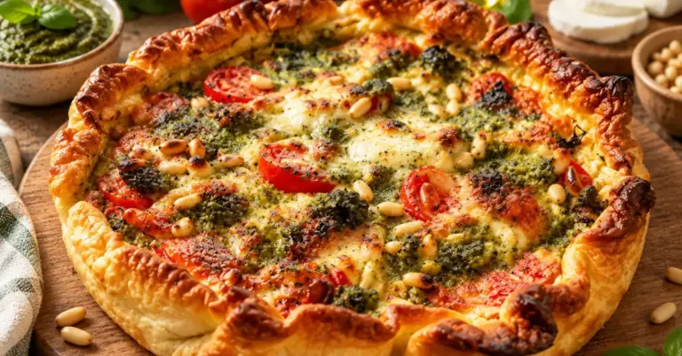 Italiaanse quiche met pesto en mozzarella in een springvorm, net uit de oven