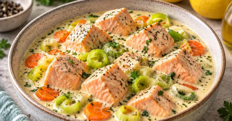 Zalm in romige saus met prei en wortel in een pan