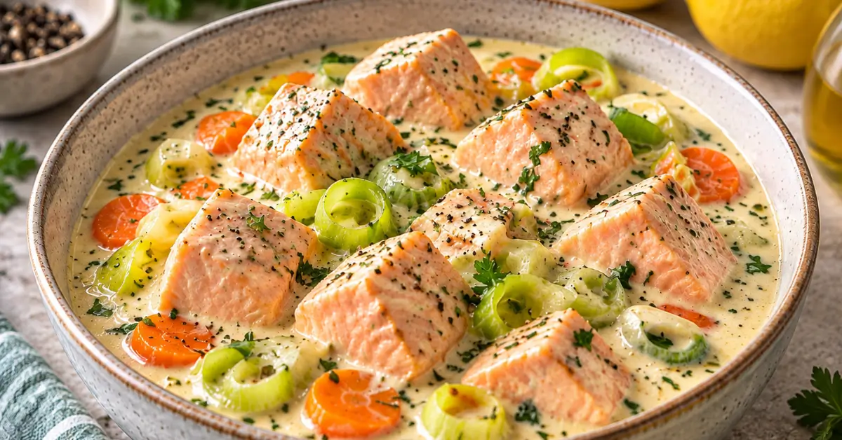 Zalm in romige saus met prei en wortel in een pan