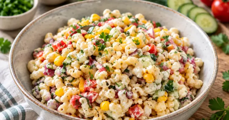 Macaroni salade met radijs, komkommer, tomaat en maïs in een kom