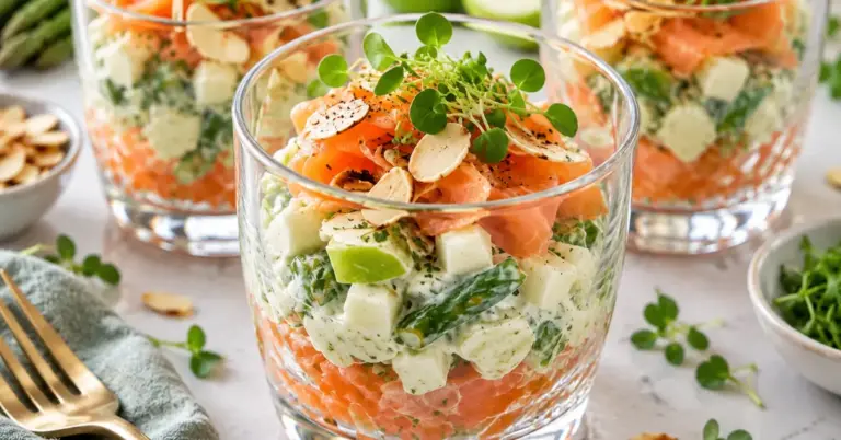 Gerookte zalm met appel en curry in glaasjes met tuinkers en geroosterde amandelschilfers
