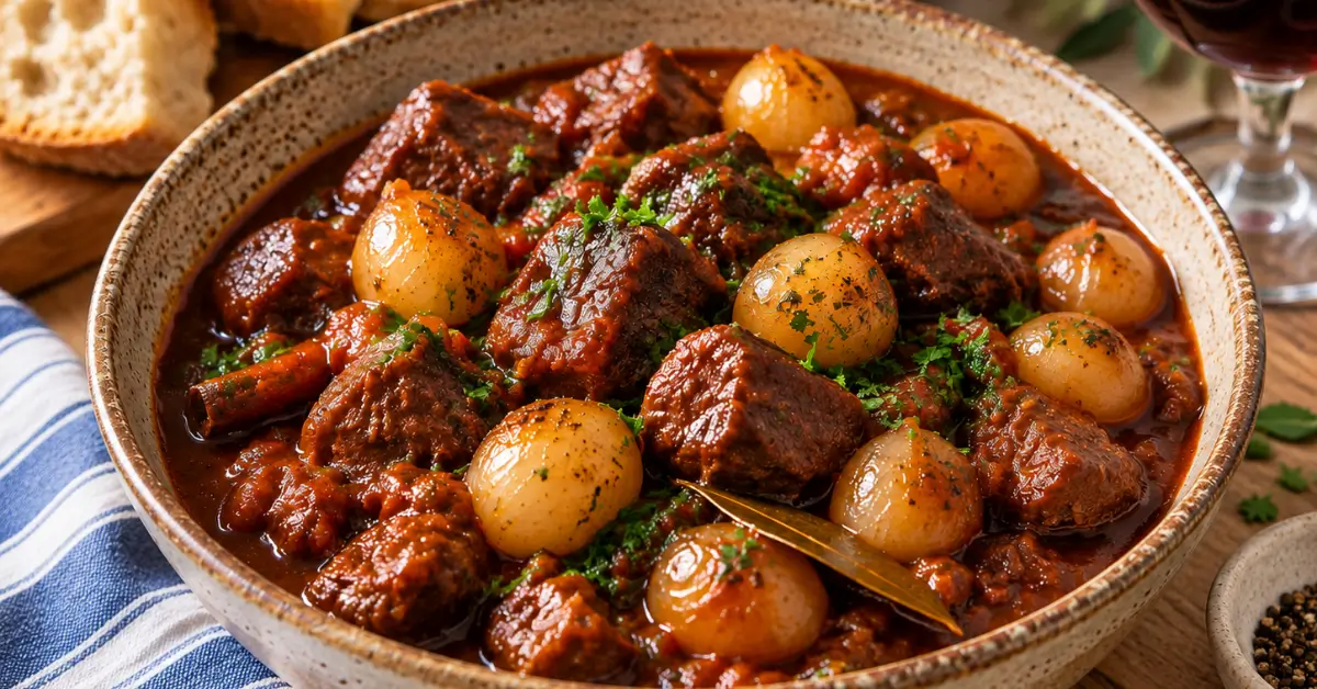 Griekse stifado met runderstoofvlees en zilveruitjes in een pan