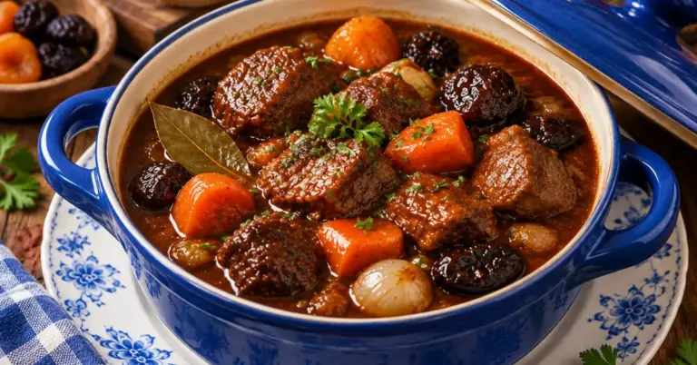 Stoofschotel met bokbier in een donkere stoofpan met winterpeen en gedroogde pruimen
