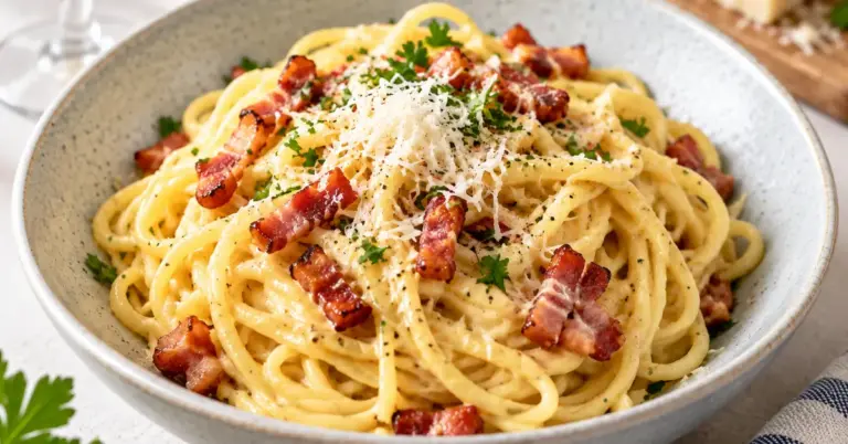 Spaghetti carbonara met knapperige spekblokjes en geraspte parmezaan op een diep bord