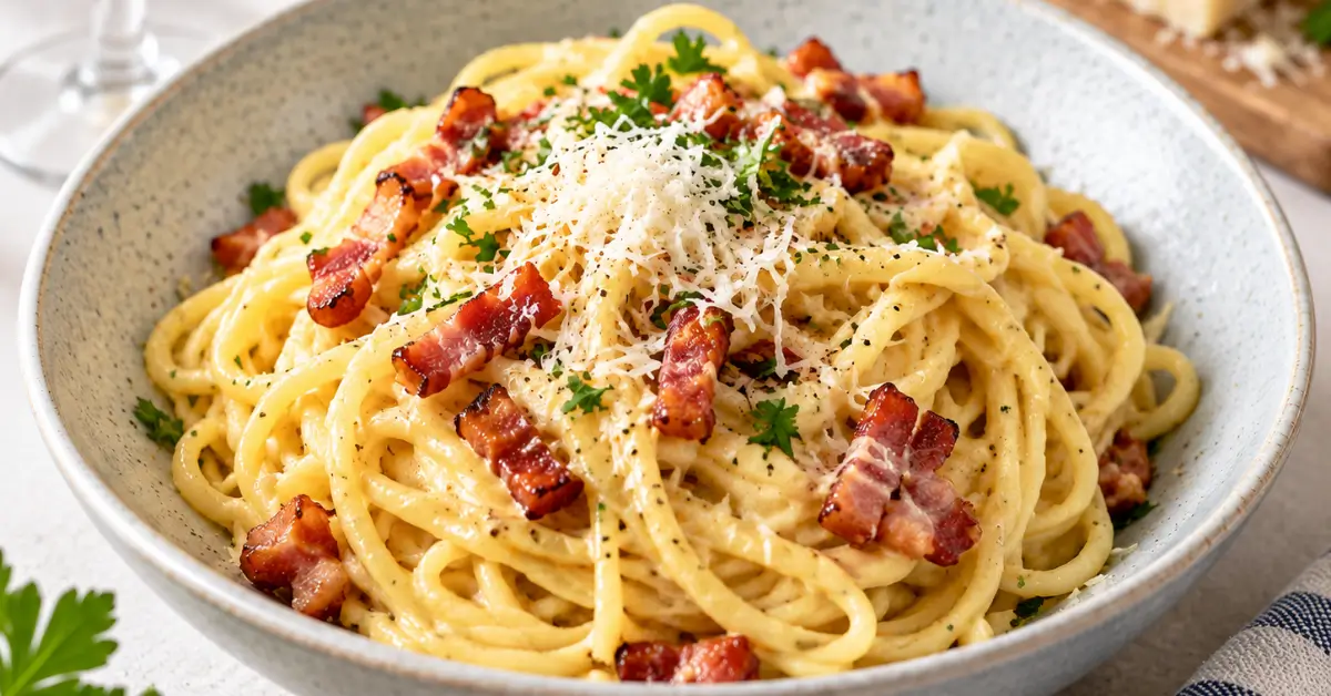 Spaghetti carbonara met knapperige spekblokjes en geraspte parmezaan op een diep bord