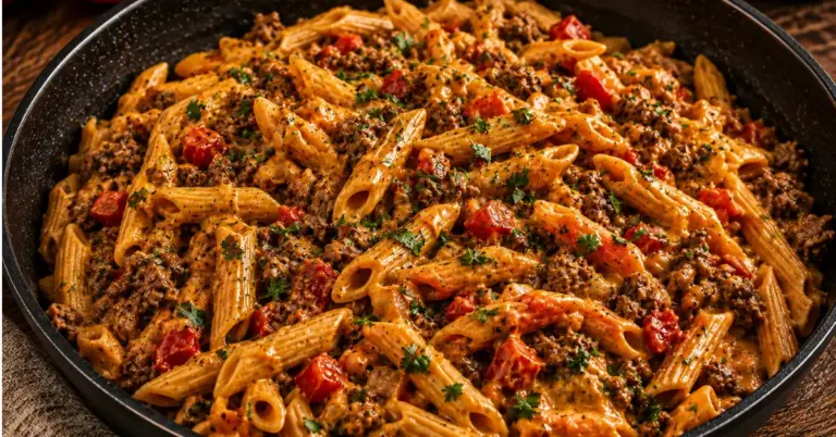 ROMIGE TACO PASTA met gehakt, paprika en cheddar