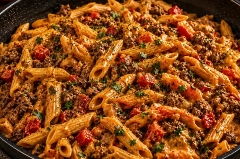 Romige taco pasta met gehakt en cheddar