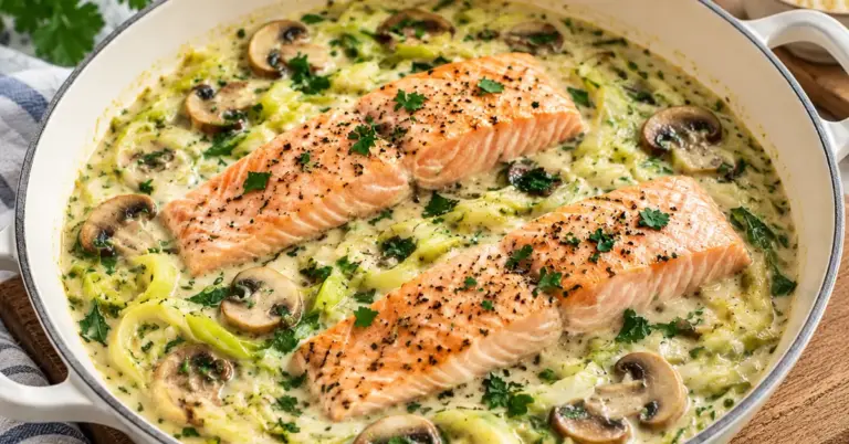 Romig preipannetje met zalm, prei en champignons in een koekenpan