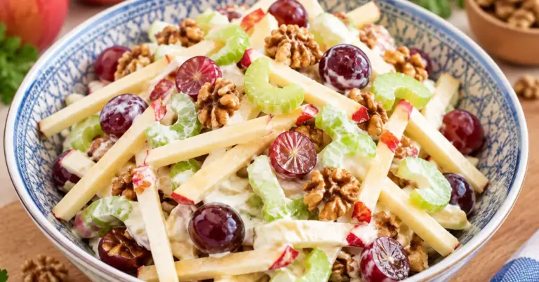 Waldorfsalade met appel, bleekselderij, druiven en walnoten in een kom