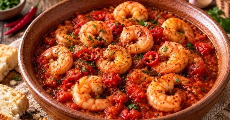 Knoflookgarnalen in pittige tomatensaus in een koekenpan met vers stokbrood ernaast