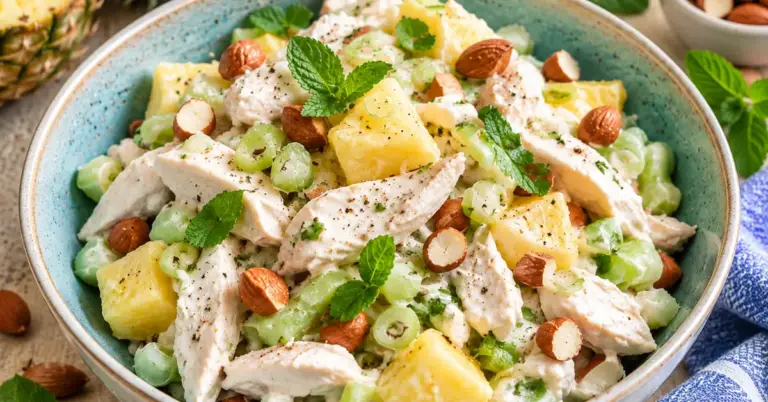 Tropische koude salade met kip en ananas in een lichte schaal met munt
