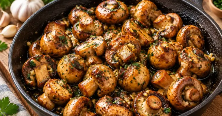 Knoflook-champignons in een gietijzeren pan met verse peterselie