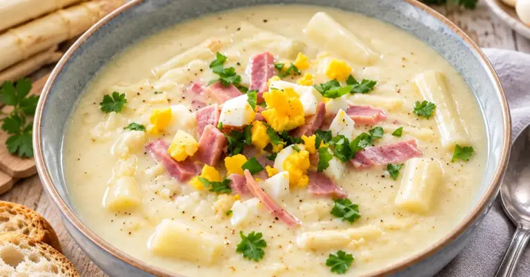 Romige aspergesoep van witte asperges met ei, beenham en peterselie in een kom