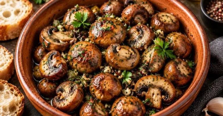 Champiñones al ajo met goudbruine champignons, knoflook en peterselie in een koekenpan