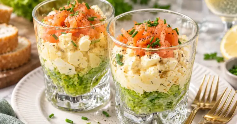 Eiersalade met zalm in een glaasje met bieslook en citroen