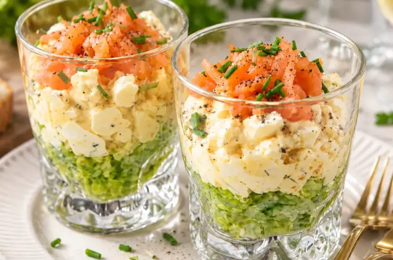 Eiersalade met zalm in een glaasje