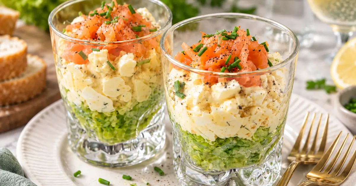 Eiersalade met zalm in een glaasje met bieslook en citroen
