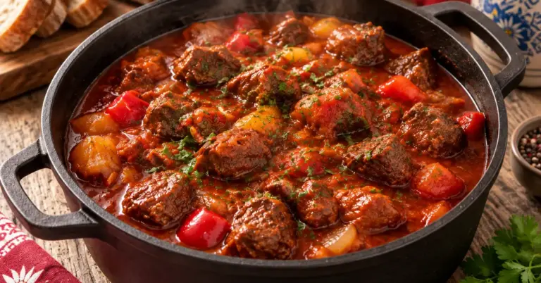 Pittige Oostenrijkse goulash met rundvlees, ui en paprika in een stoofpan