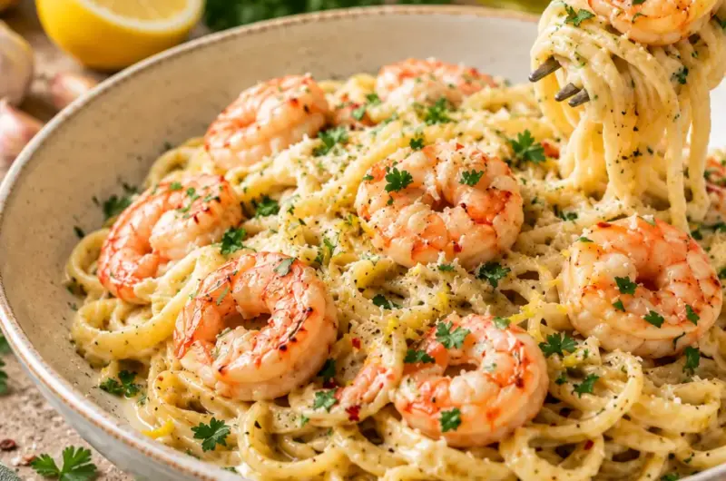 Romige garnalen in knoflookroomsaus met pasta