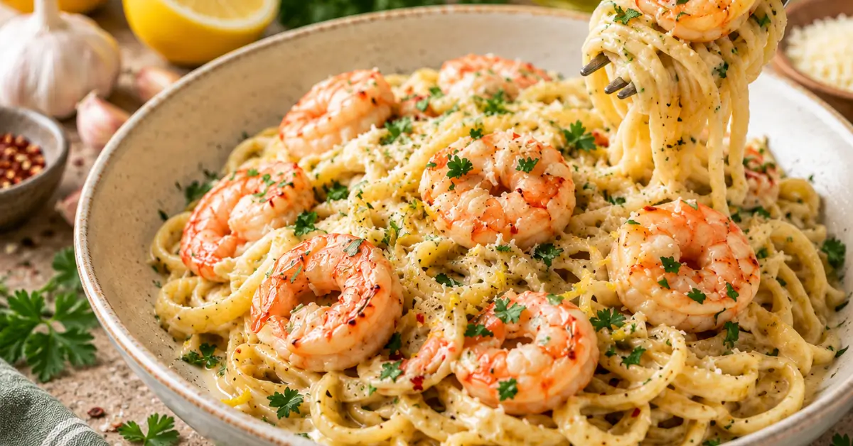 Romige garnalen in knoflookroomsaus met pasta op een bord met peterselie