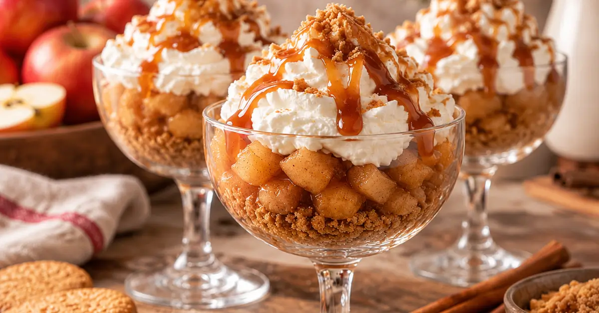 Appeltaart in een glaasje met warme kaneelappel, koekkruimels en slagroom