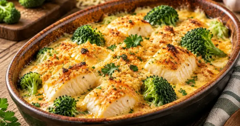 Visovenschotel met broccoli en een goudbruin kaasdek in een ovenschaal