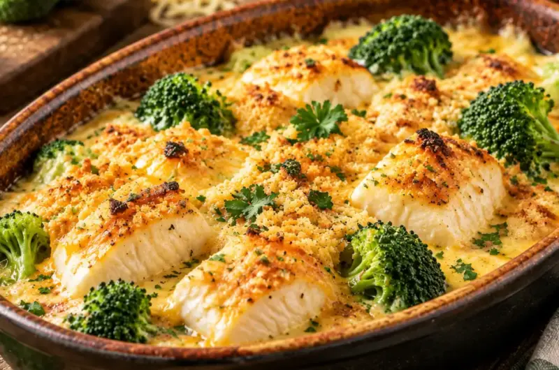 Visovenschotel met broccoli en romig kaasdek