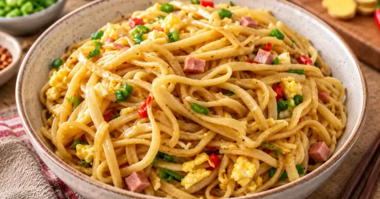 Bami zoals van de Chinees met mie, ei, ham en lente-ui in een wok