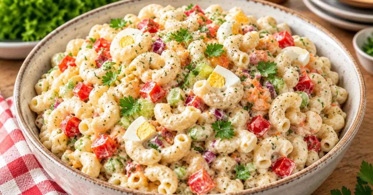 Romige macaronisalade met paprika, wortel, ui en ei in een grote kom