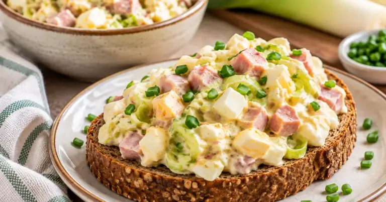 Romige ham-preisalade met prei, ei en bieslook op een broodje