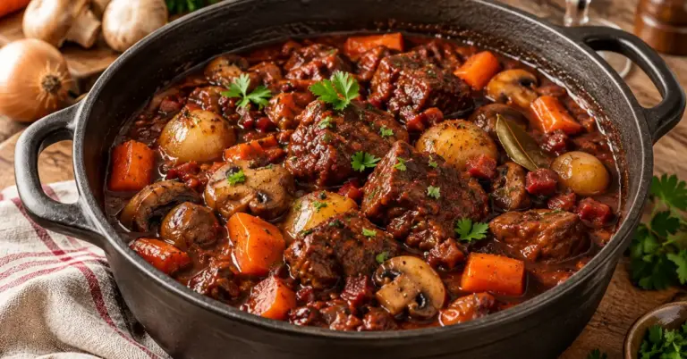 Boeuf bourguignon met spek en paddenstoelen in een donkere braadpan met verse peterselie