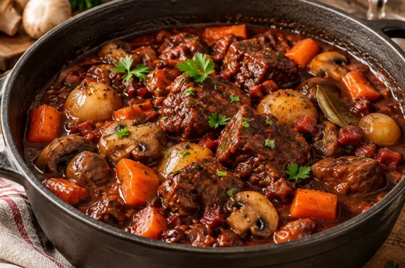 Boeuf Bourguignon met Spek en Paddenstoelen
